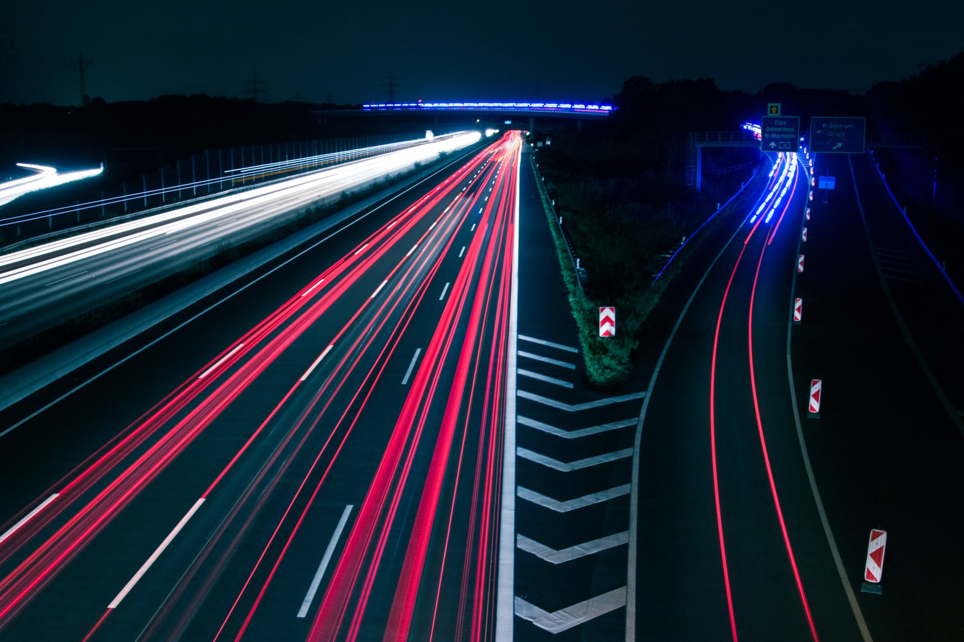 light trails on road at night